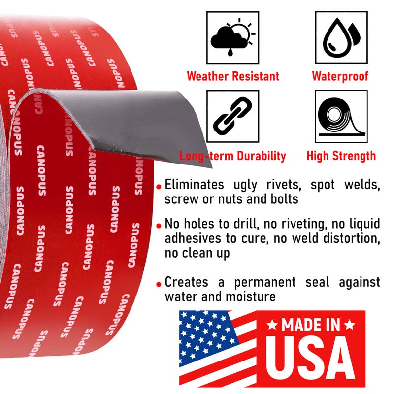 CANOPUS Double Sided Tape, 5952 Heavy Duty Mounting Tape, Strong Bond & Weatherproof Seal Strip for Automotive Mounting, Picture and Photo Frame, Poster, Craft, 2 in x 15 ft, Black, Made in USA - Image 2